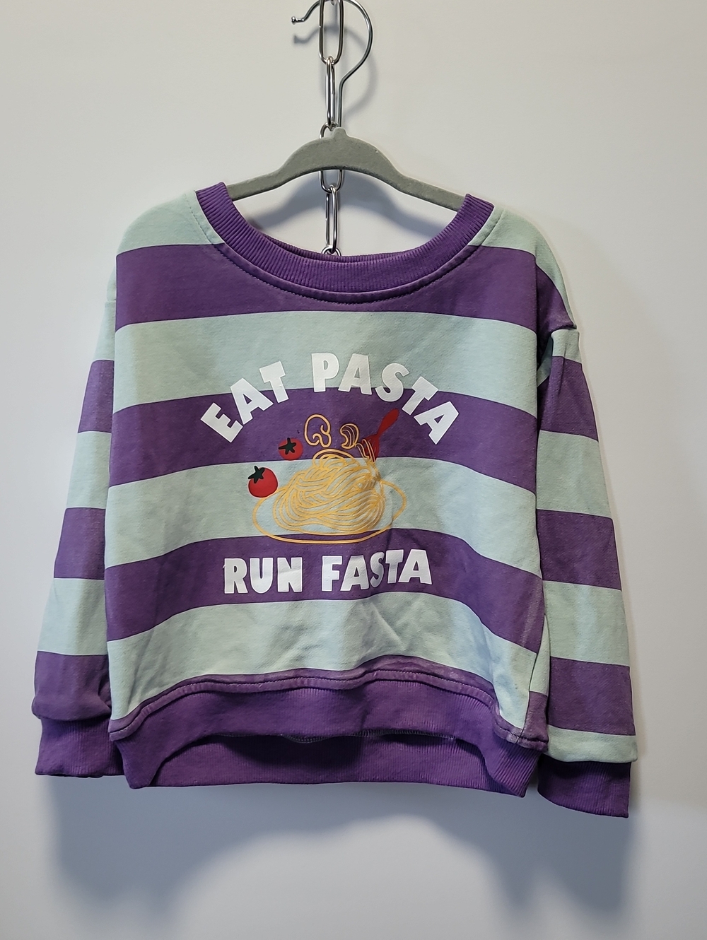 Striped Crewneck Sweatshirt in Purple & Mint with 'Eat Pasta Run Fasta' Graphic